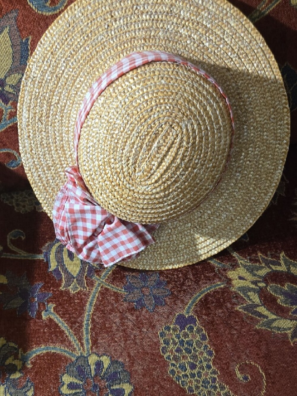 Source Unknown Straw Boater Hat with Pink Gingham Band Vintage - Picture 4 of 4